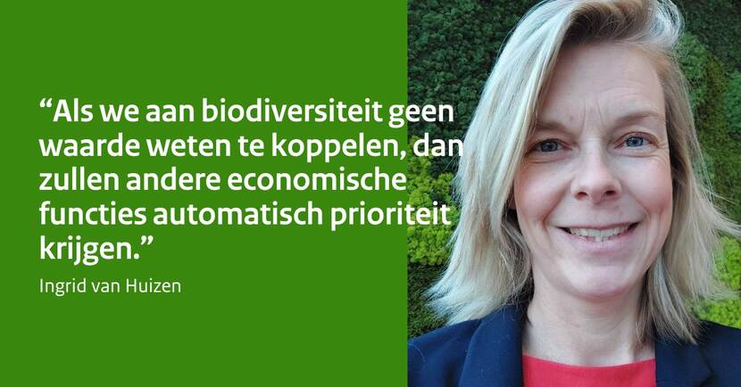 Portret Ingrid van Huizen met quote: "Als we aan biodiversiteit geen waarde weten te koppelen, dan zullen andere economische functies automatisch prioriteit krijgen."