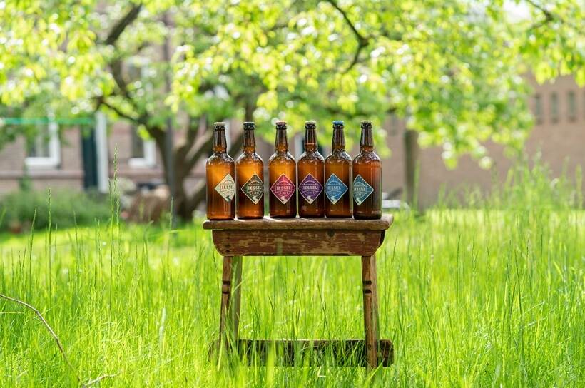 Flesjes appelcider op tafeltje onder ene boom