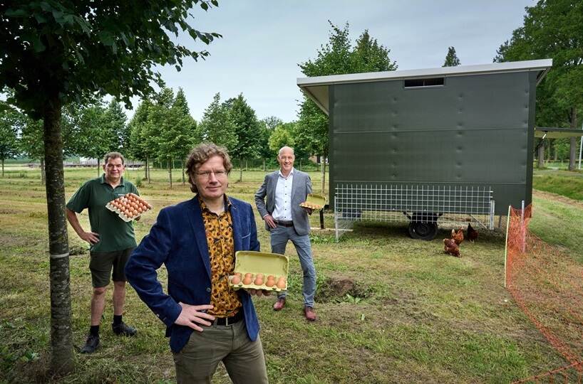 3 mannen met grote doos eieren in de hand met op achtergrond mobiele kippenstal