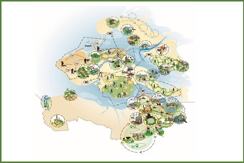 Getekende kaart provincie Zeeland met plaatjes van projecten