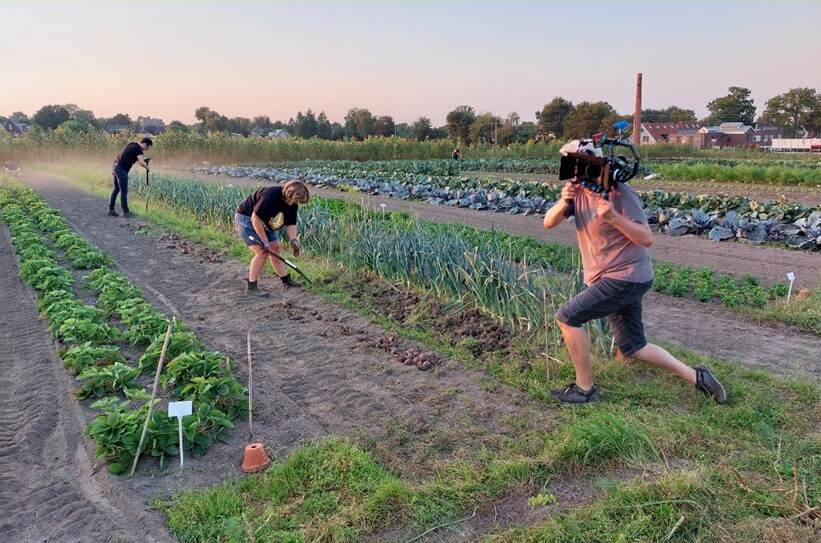 man die staand in een moestuin filmt